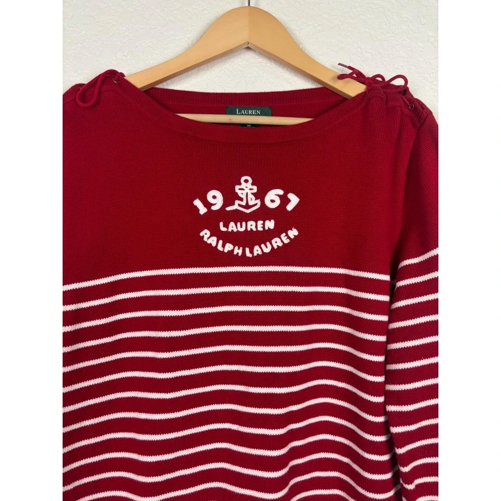 Lauren Ralph Lauren Women Sweater SZ XL Red Striped Nautical 100% Cotton Coastal - Picture 4 of 10